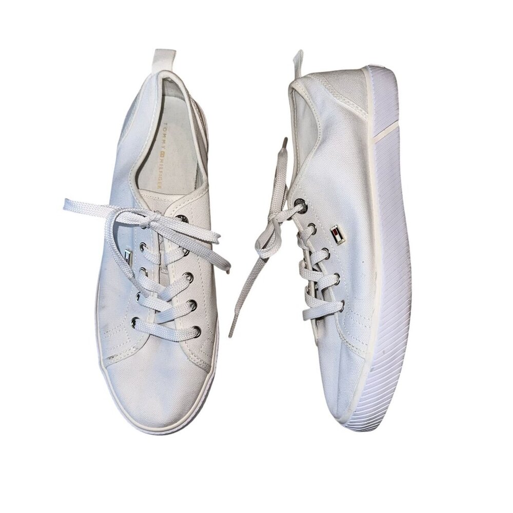 Tommy Hilfiger White Enamel Flag Vulc Canvas Trainers Sneakers Women's 9
